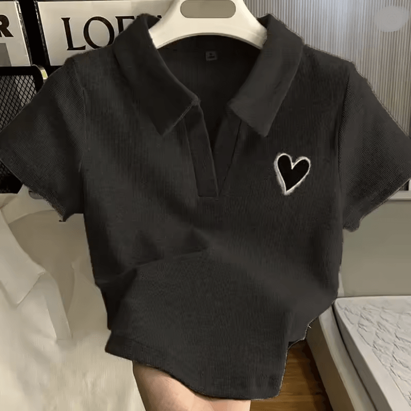 Embroidered Polo Collar Crop Top for Women Casual Korean Fashion