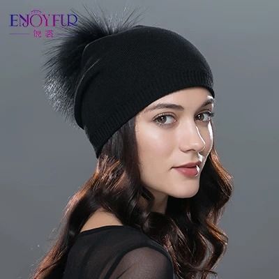 Wool Knit Beanie with Real Fur Pom Pom
