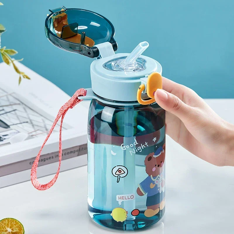 Portable Bear Water Bottle for Kids Leakproof BPA Free Cartoon Sippy Cup with Straw