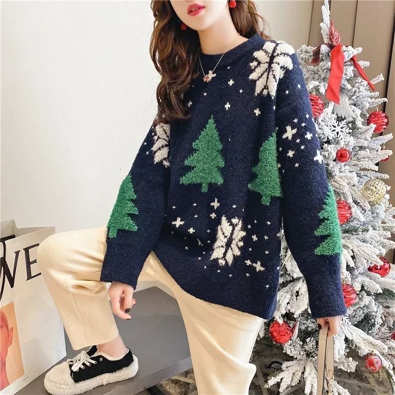 Womens Christmas Snowflake Sweater Korean Style Color Block Knit Pullover Thick Winter Round Neck Sweater