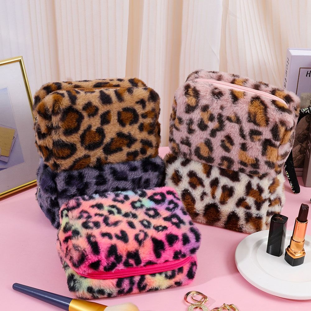 Fashion Leopard Print Makeup Bag, High quality Large Capacity Zipper Toiletry Bag, Portable Plush Travel Organizer