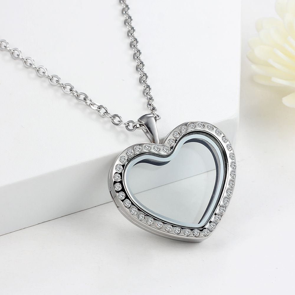 Stainless Steel Living Glass Locket, Peach Heart Floating Charm, Magnetic Closure Chain Necklace