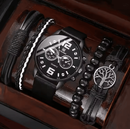 Mens Retro Quartz Watch and Bracelet Set Big Dial Leather Style