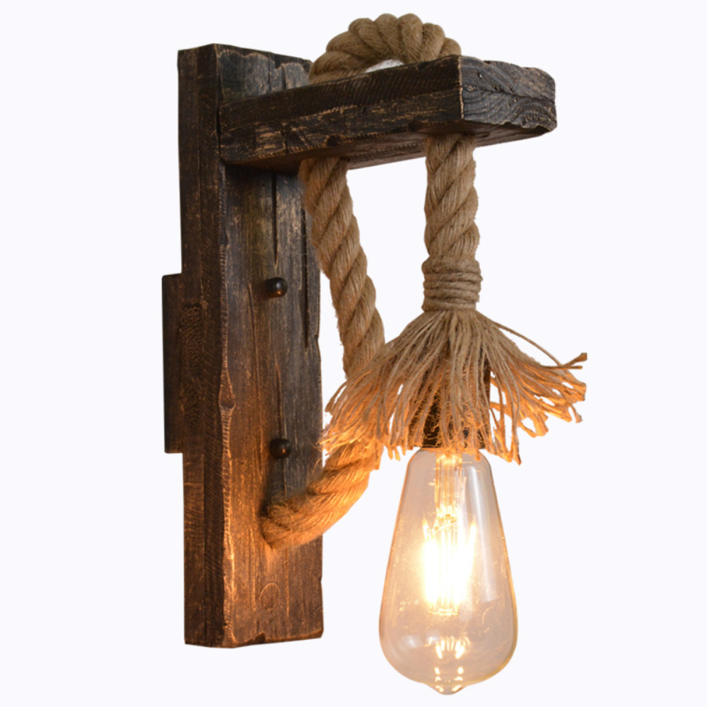 Vintage Wood Hemp Rope Wall Lamp Fixture, Industrial Retro Loft Bedside Hallway Light, American Decor