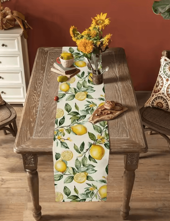 Watercolor Lemon Linen Table Runner – Fresh Botanical Farmhouse Dining Decor