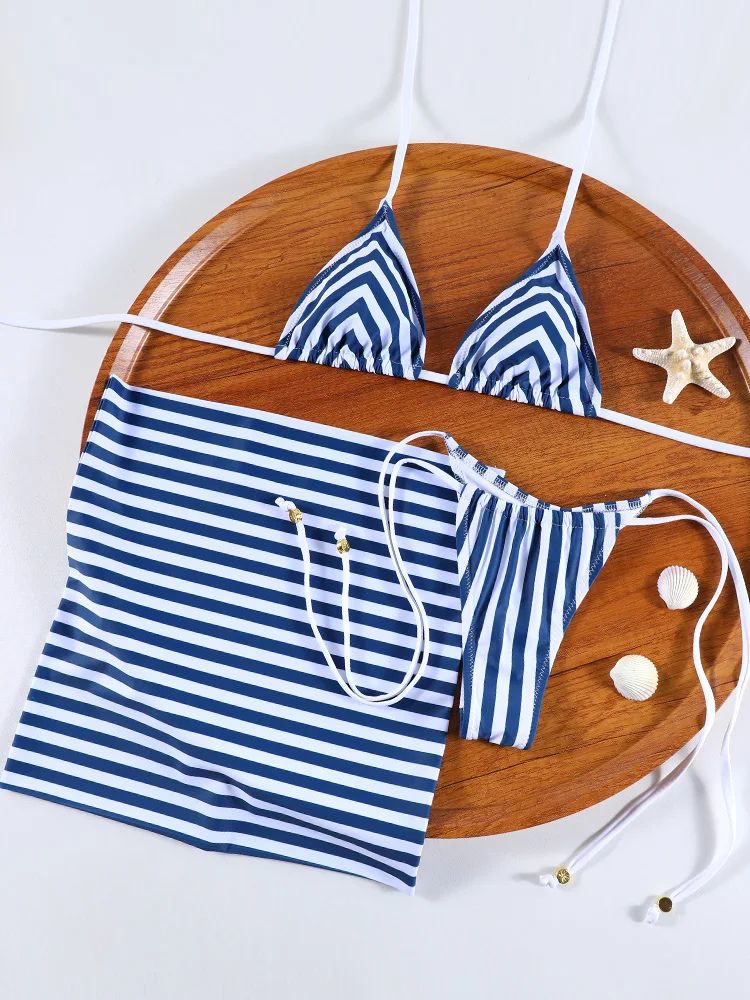 ZRTAK Striped Triangle Bikini Set Womens Micro Brazilian Swimwear
