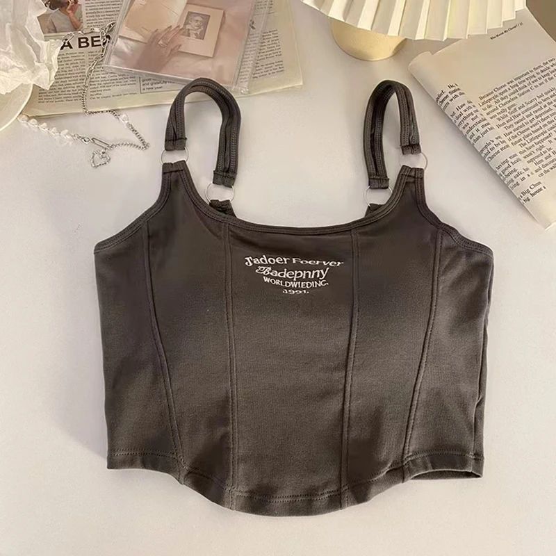 Y2K Shoulder Belt Iron Ring Crop Tank Top with Built-In Bra Pad – Embroidered Letter Slim Fit Cami