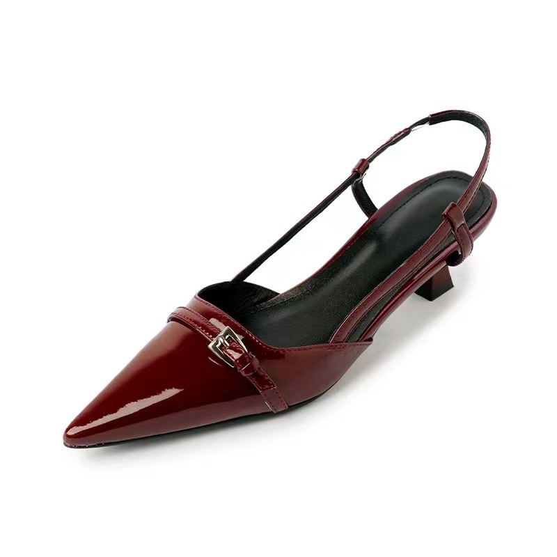 Summer Women Dress Shoes, Patent Leather Slip On Pointed Toe Sandals, Buckle Sling Backs Mid Heels Pumps