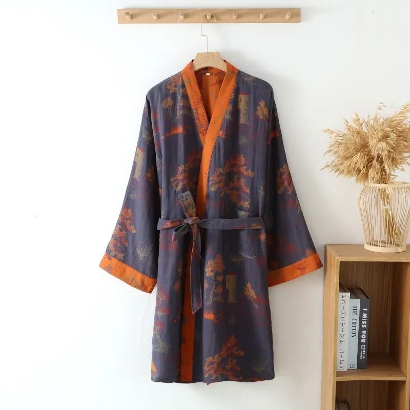Men's Premium Cotton Kimono Robe – Breathable Jacquard Printed Spring/Summer Pajamas with Belt
