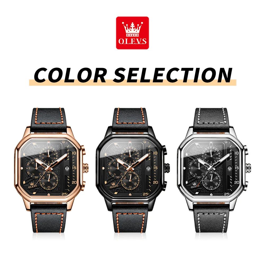 OLEVS 9950 Luxury Square Chronograph Men's Quartz Watch with Luminous Leather Strap