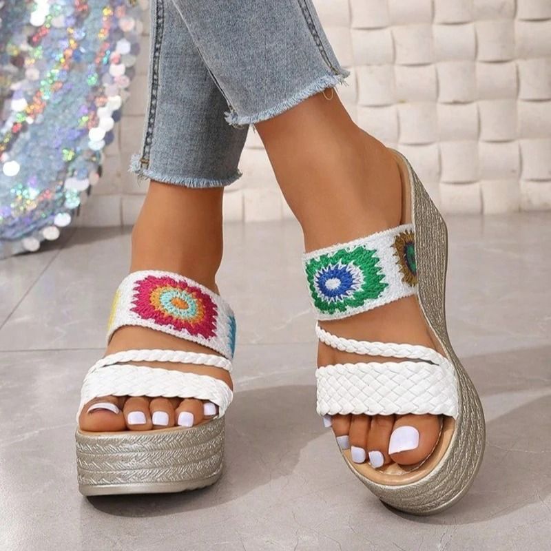 Women Ethnic Woven Wedge Slip on Sandals