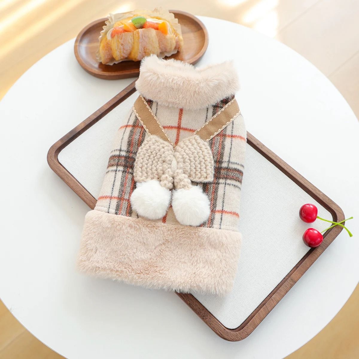 Cozy Coffee Plaid Fleece Pet Vest with Bow for Autumn and Winter Warmth