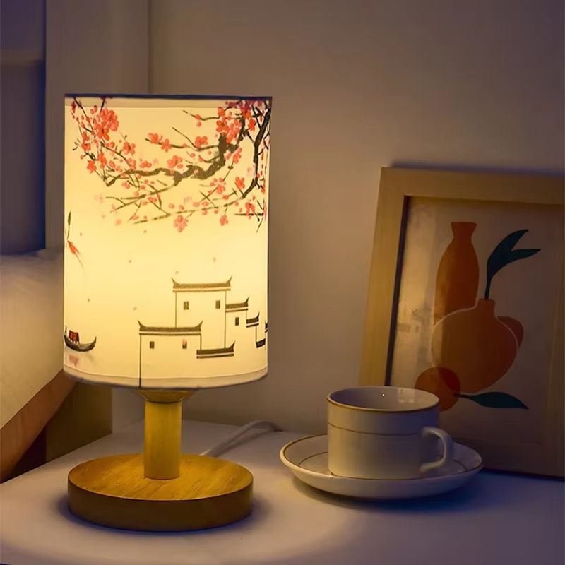 Modern Square Chinese-Style Fabric Table Lamp – Dimmable LED Bedside Light with EU Plug