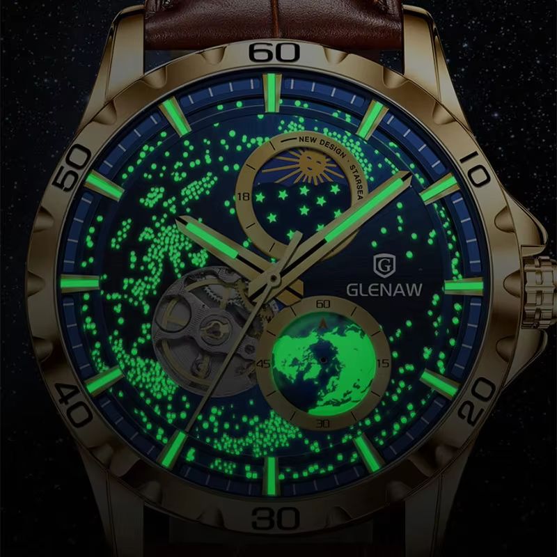 GLENAW Rotating Earth Automatic Mechanical Watch – Double Second Hand Men's Luxury Wristwatch with Starry Sky Dial and S