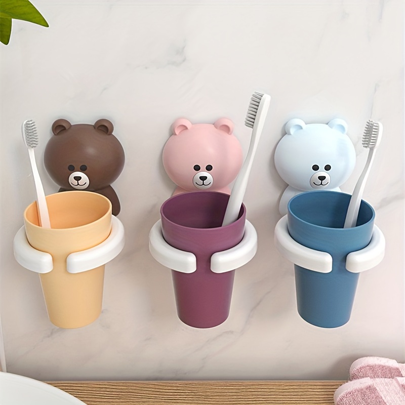Cute Self Adhesive Toothbrush Holder Wall Mounted Bathroom Organizer Cup