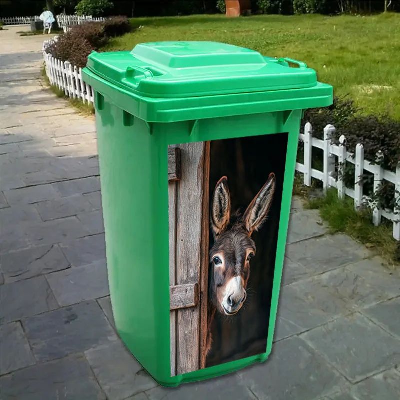 Donkey Painting Trash Can Sticker – Self-Adhesive Removable PVC Farm Animal Decal with Wooden Texture & Curious Eyes