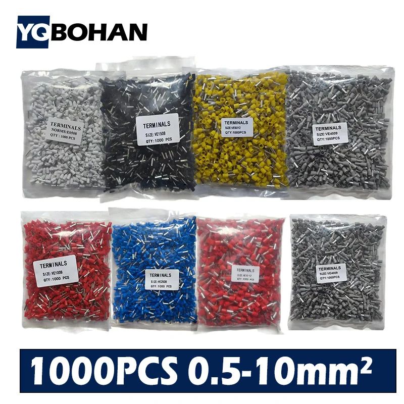 1000pcs Insulated Wire Ferrules Assortment (E0508–E2508) Cord End Terminals Wire Ferrule Kit
