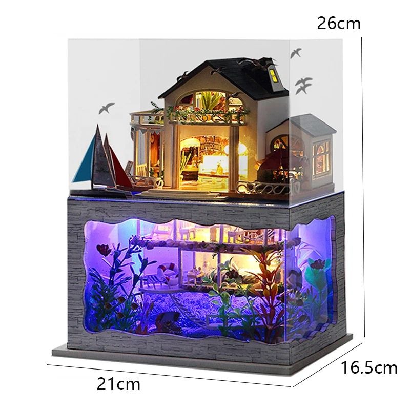 DIY Wooden Mini Seaside Villa Dollhouse Kit with Furniture and LED Lights