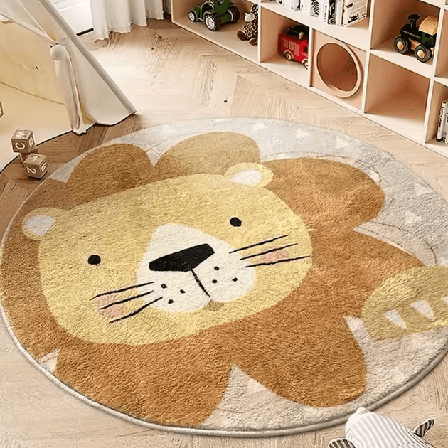 Cute Cartoon Lion Plush Rug – Soft Round Animal Carpet for Kids Room & Home Decor