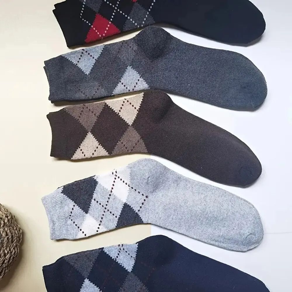 Mens Splicing Diamond Patterns Wool Socks, Warm Winter Mid Length Socks, Thickening Soft Cold-Resistant Men Boot Socks