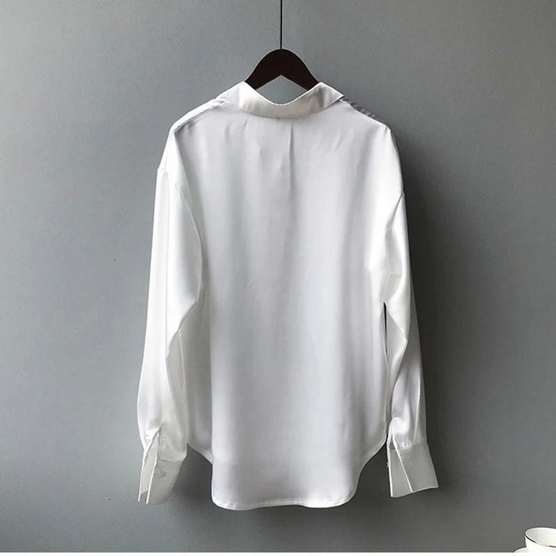 Vintage Satin Silk Button-Up Shirt – Elegant White Long Sleeve Blouse for Spring Fashion