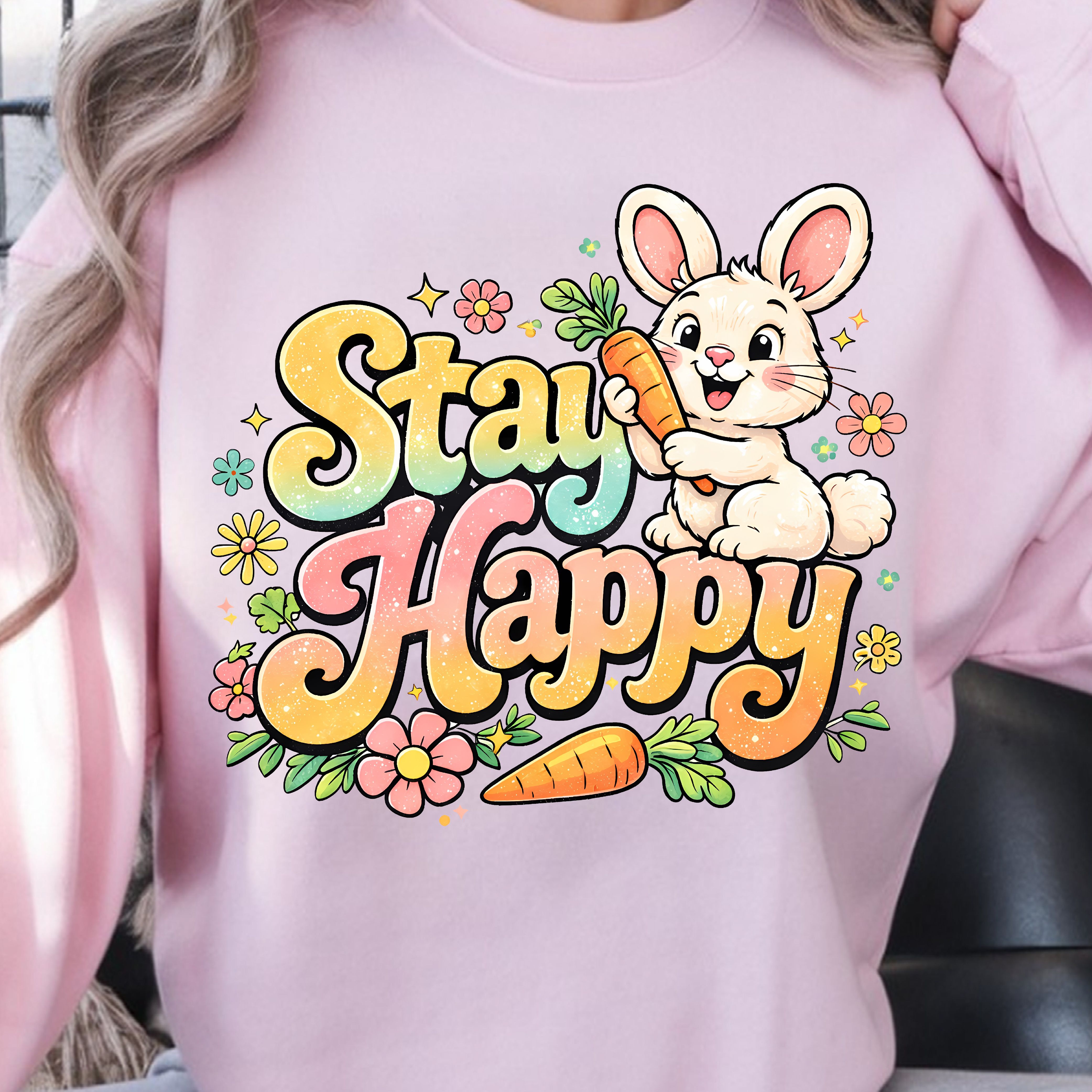 Stay Happy Shirt – Happy Bunny with Carrots Easter Tee