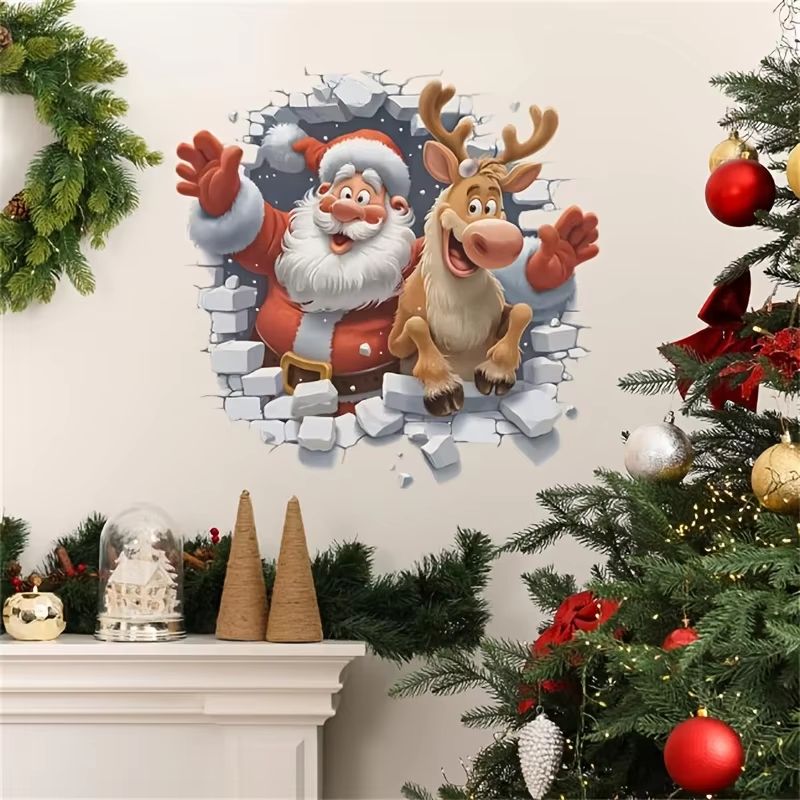 3D Santa Claus and Rudolf Christmas Wall Stickers Removable Self Adhesive Holiday Decor