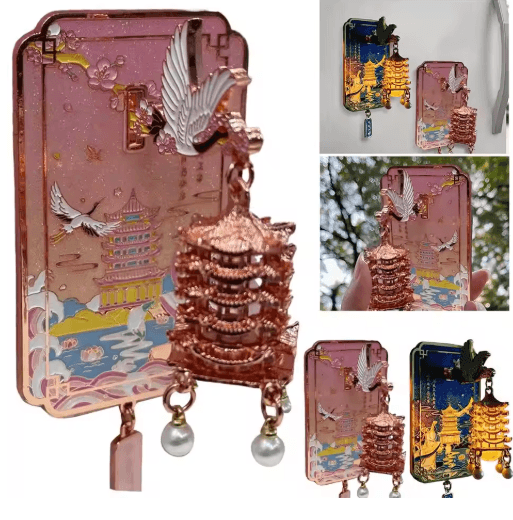 Chinese Style LED Fridge Magnet Light Up Yellow Crane Tower Souvenir
