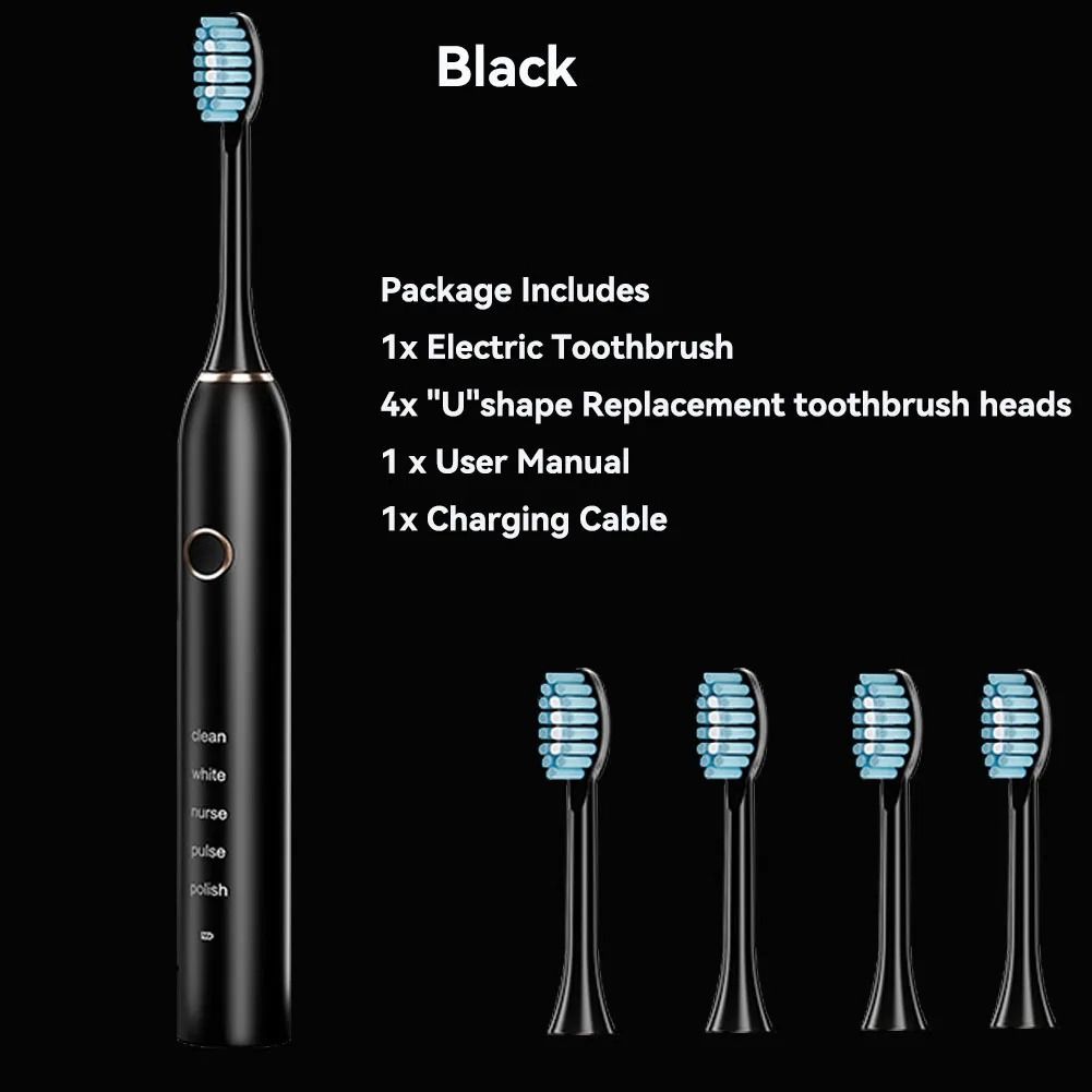 Rechargeable Sonic Electric Toothbrush with 4 Replacement Heads 5 Modes 3 Intensities and Smart 2 Minute Timer