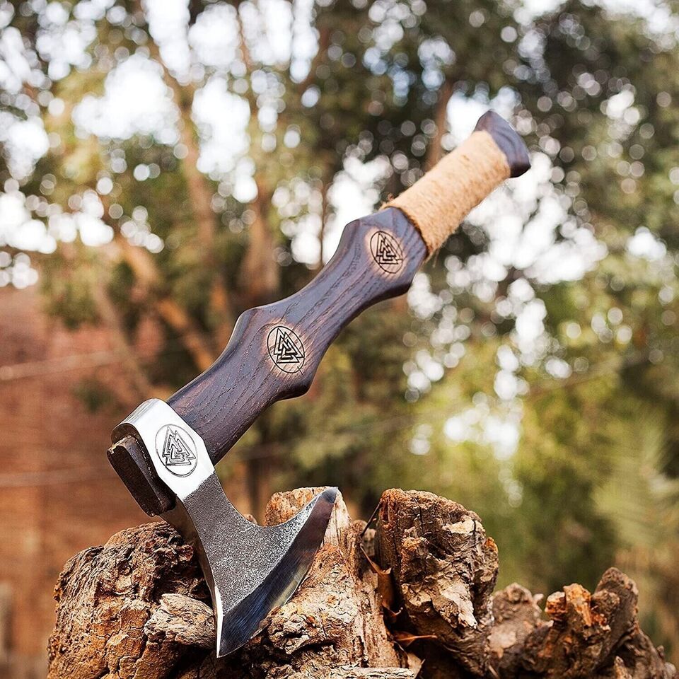 Hand-Forged Carbon Steel Axe | 21.5 Inch Acid-Etched Head with Cutting Edge & Hand-Engraved Ash Wood Handle