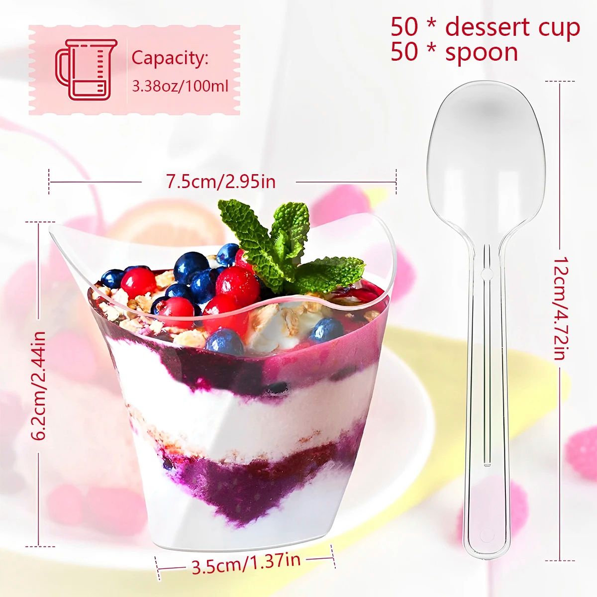 Clear Mini Dessert Cups with Spoons – Reusable Parfait & Appetizer Cups (50-Pack)