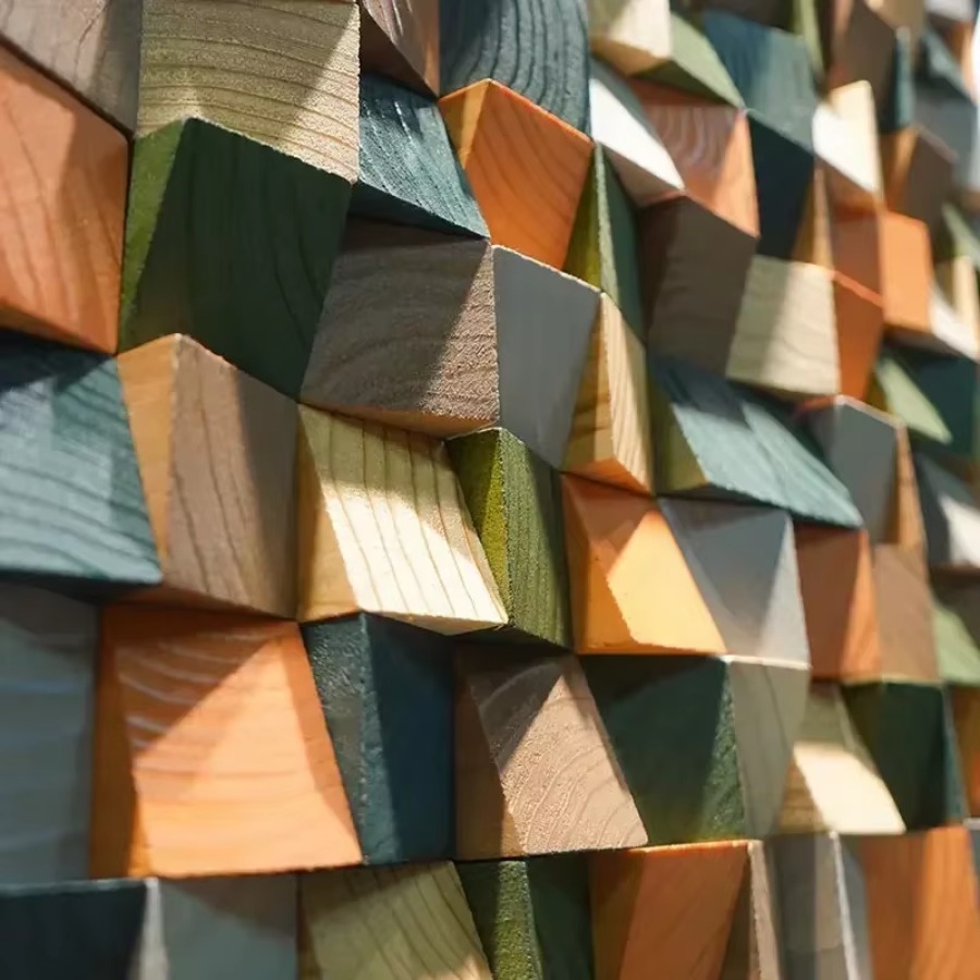 Modern 3D Wood Wall Art, Handmade Mosaic Tile Acoustic Diffuser for Home & Showroom Decoration