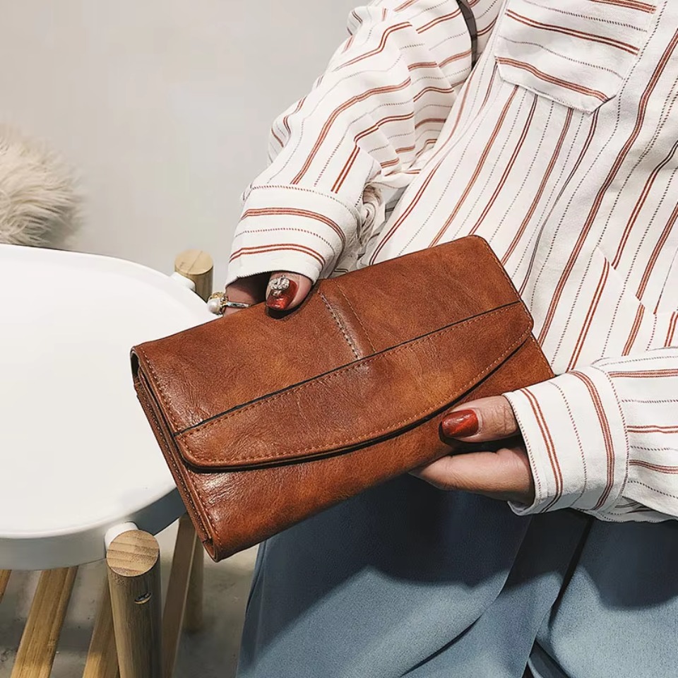 Vintage Trifold PU Leather Women Long Wallet with Phone Holder & Card Organizer