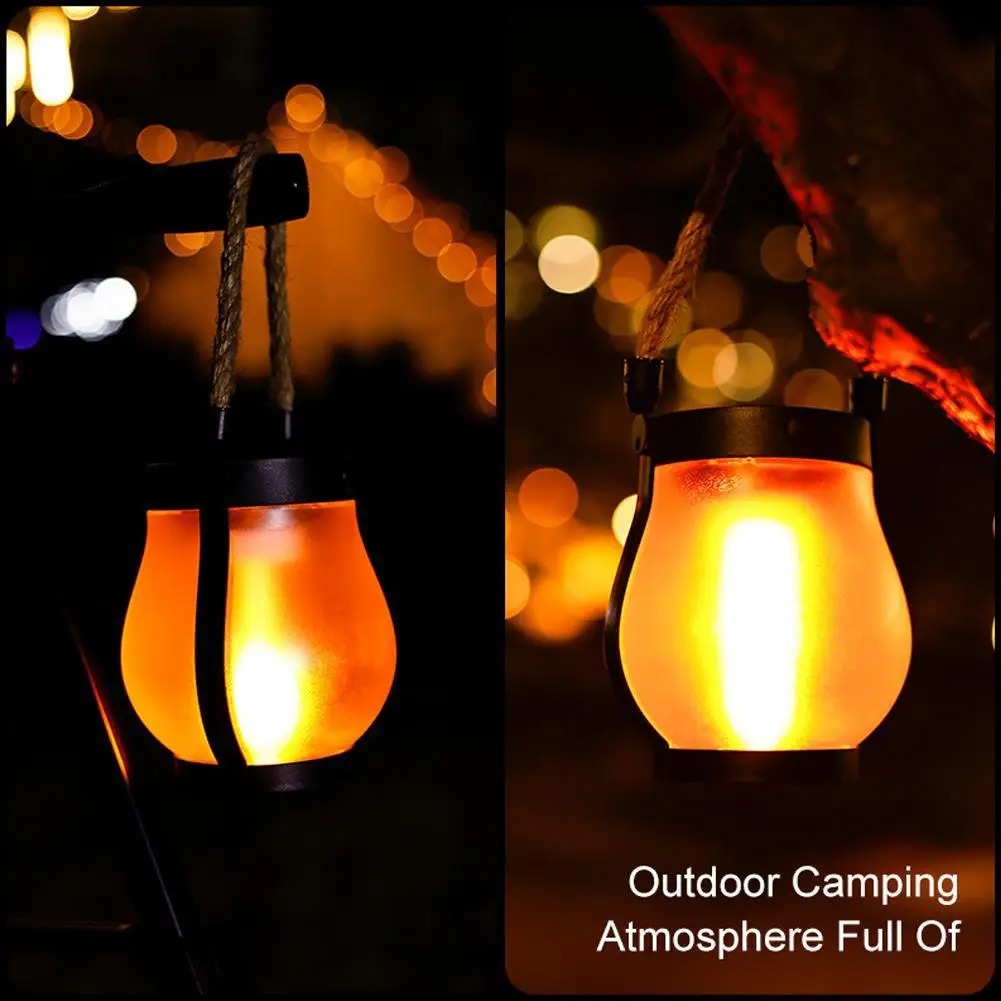 Solar Flame Lights, Waterproof USB Rechargeable Camping Light, Hanging Lantern