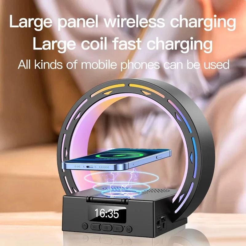 Desktop Bluetooth Speaker Alarm Clock with Night Light Wireless Charger USB AUX