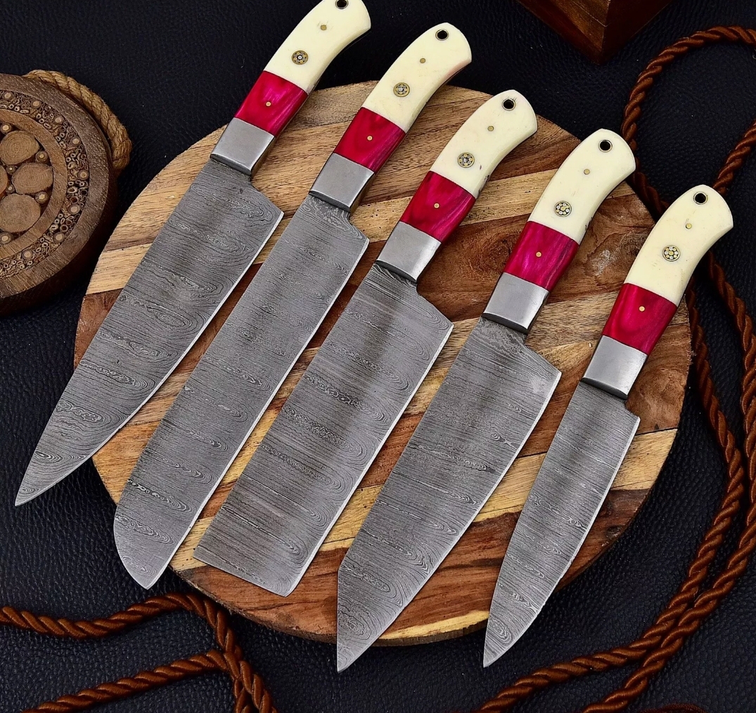 Damascus Chef Set Of 5 Pieces ,Custom Handmade Chef Set , Handmade Damascus Chef Set ,Personalized Gift For Mother ,
