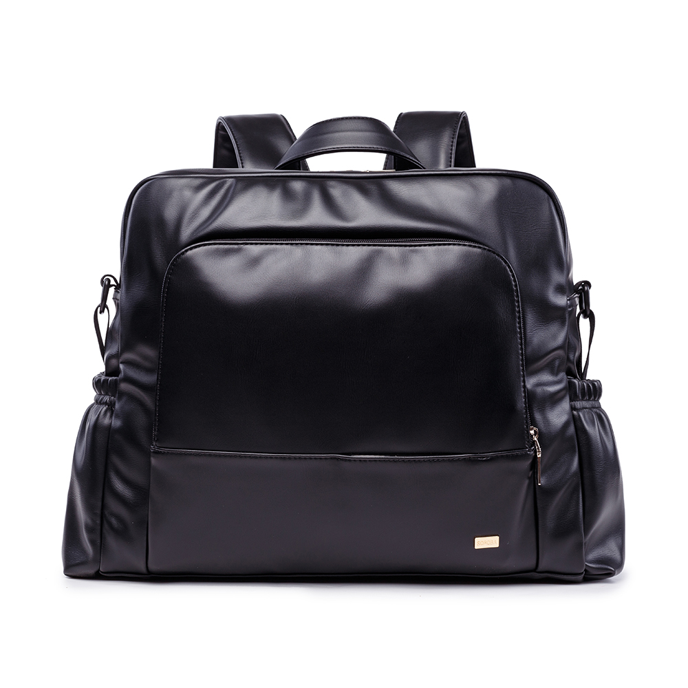 Waterproof Black Diaper Bag, Smooth Leather, Large Capacity Nursing Changing Backpack for Newborn Baby, Stylish