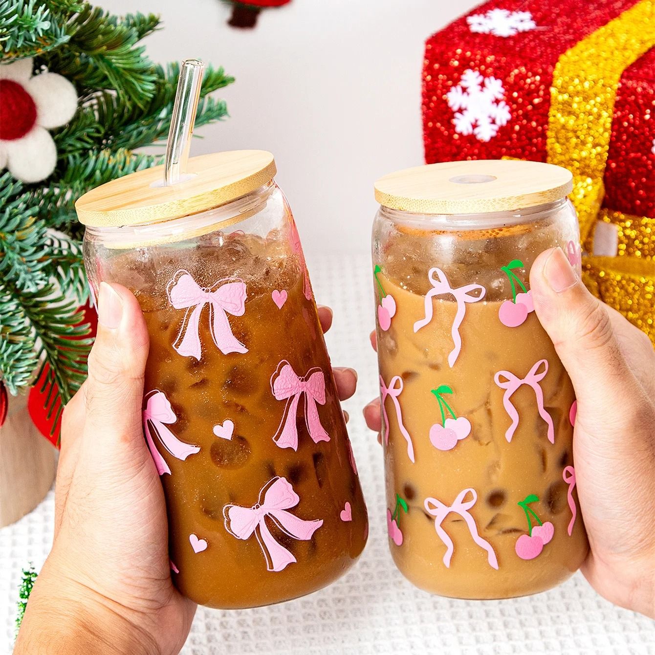 500ml Cherry Bow Glass Tumbler – High-Performance Mason Jar Shaped Drinking Cup with Lid & Straw