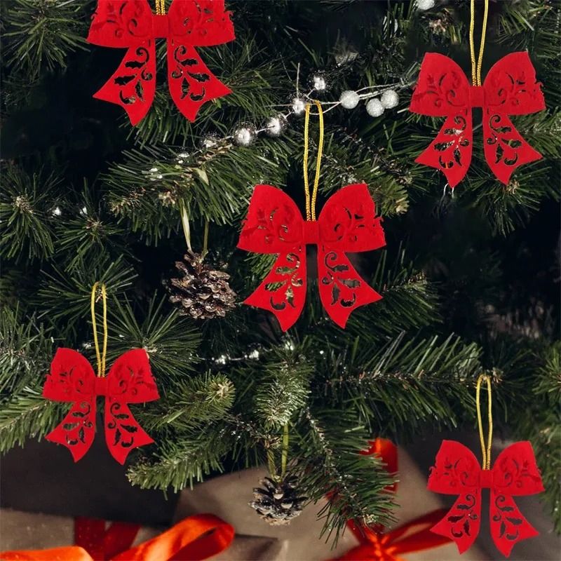 Red Christmas Tree Bow Ornaments Set For Holiday Decoration