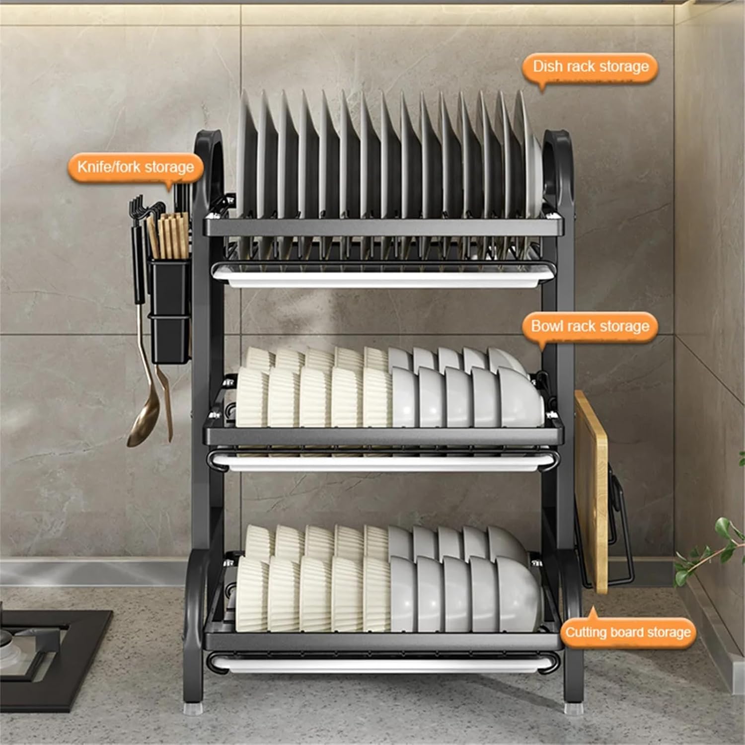 Large Capacity Dish Drainer, Three-Tier Space-Saving Dish Rack, Kitchen Countertop Utensil Holder