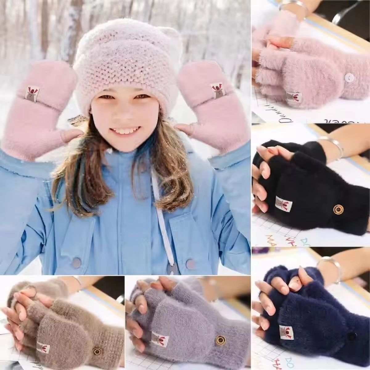 Winter Plush Fingerless Flip Gloves for Women – Soft Warm Thickened Outdoor Gloves