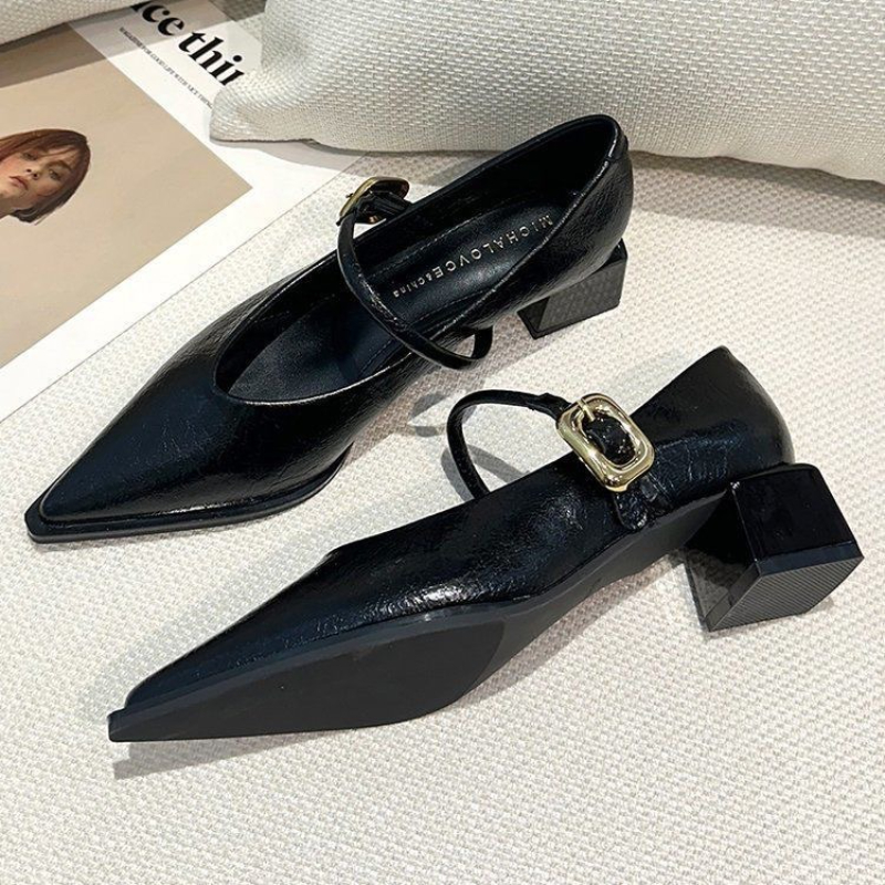 Womens Spring Style Pointed Toe Square Heel Single Shoes, Professional Medium Heel Buckle Dress High Heels, Versatile