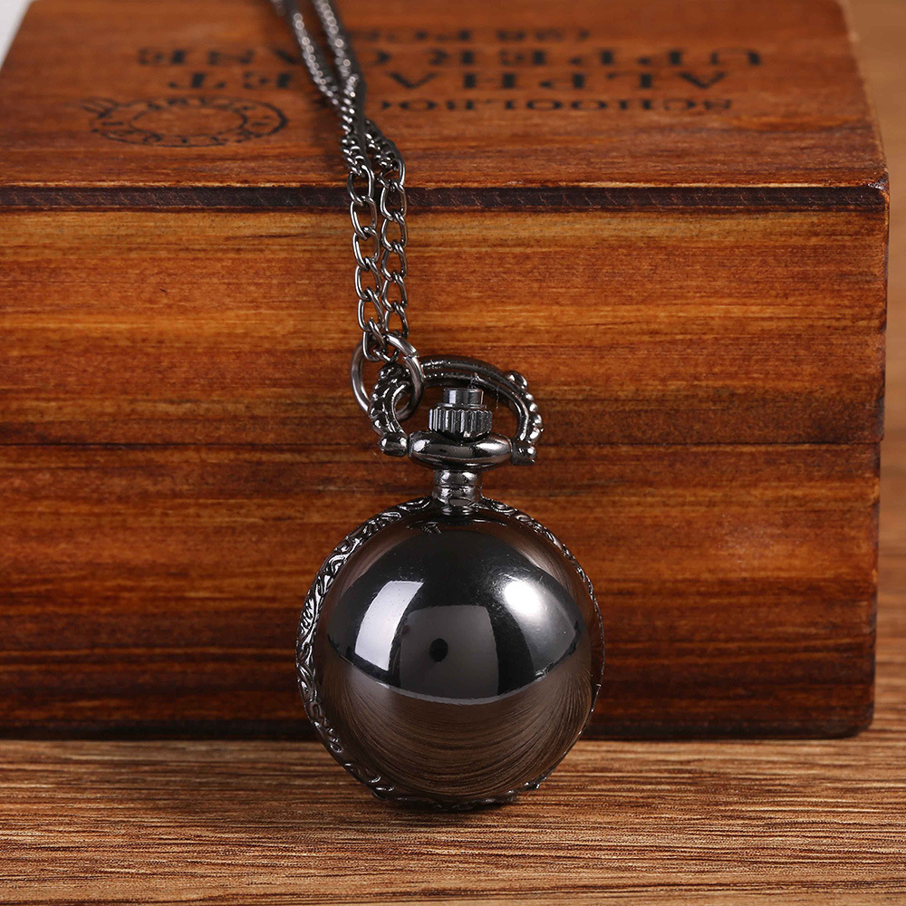 Vintage Black Quartz Pocket Watch Necklace for Men and Women