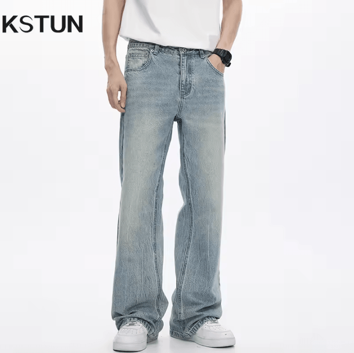 KSTUN Mens Flared Bootcut Jeans – Light Blue Streetwear Flare Denim Pants Loose Fit