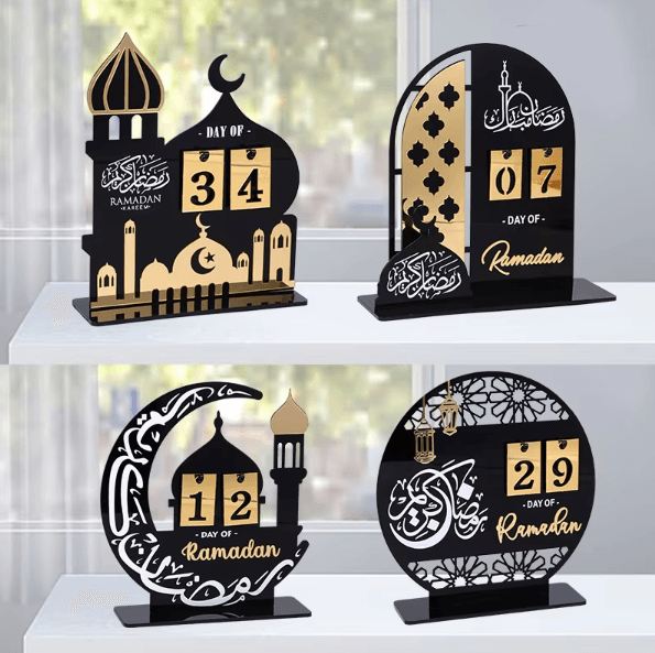 Black & Gold Acrylic Ramadan Countdown Calendar – Eid Mubarak Table Decor with Replaceable Numbers