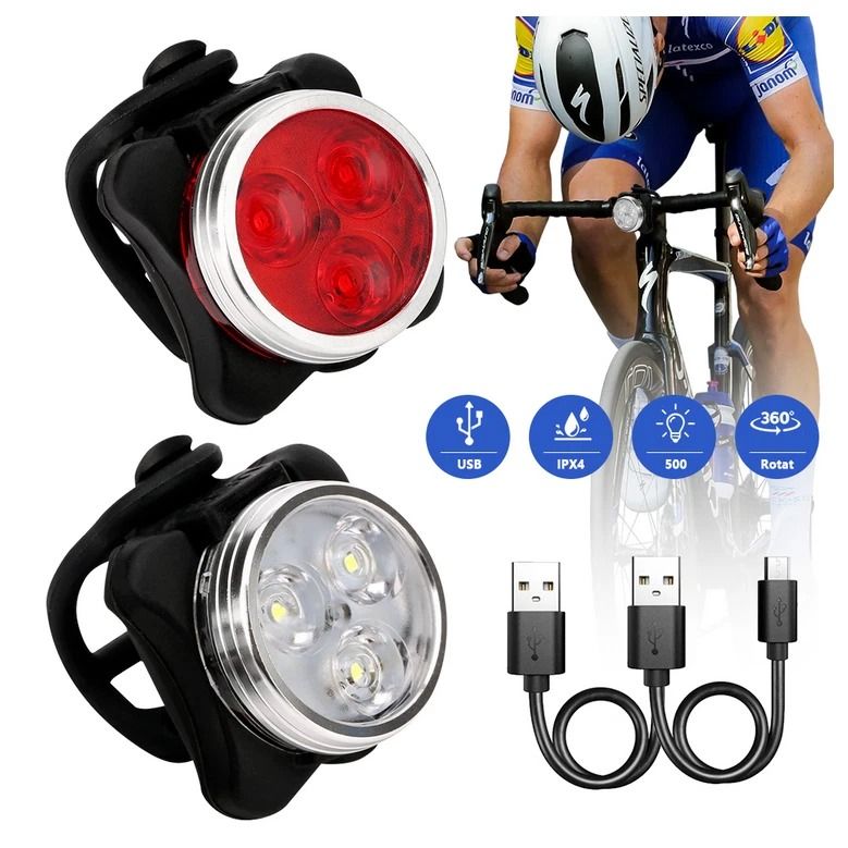 USB Rechargeable LED Bicycle Headlight & Rear Lamp Set Waterproof, Adjustable Cycling Lights