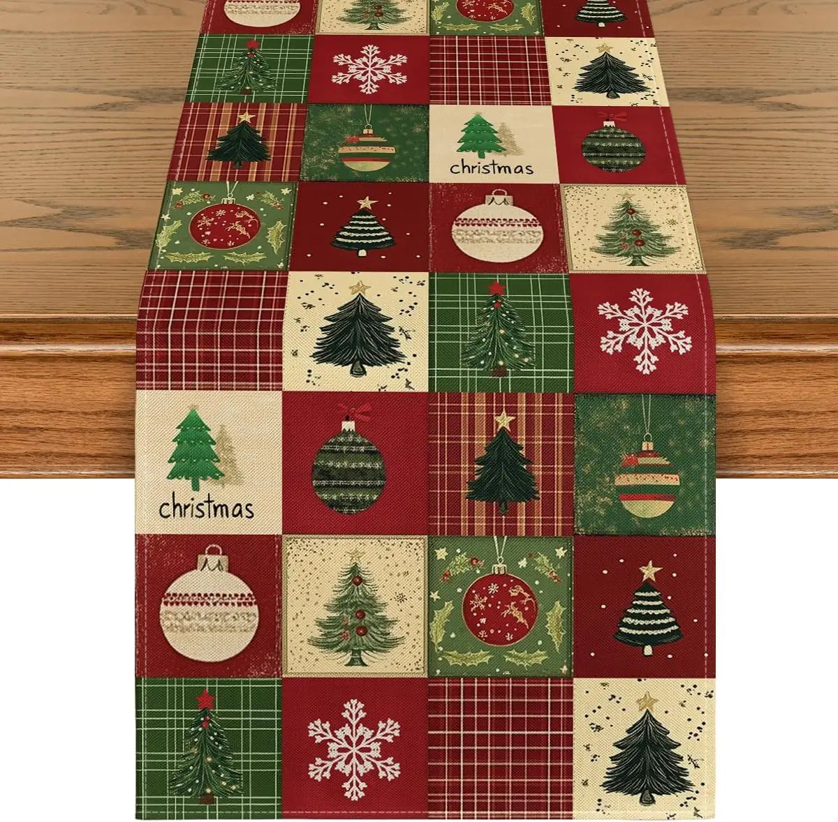 Christmas Plaid Linen Table Runner Snowflake Holiday Dining Decor