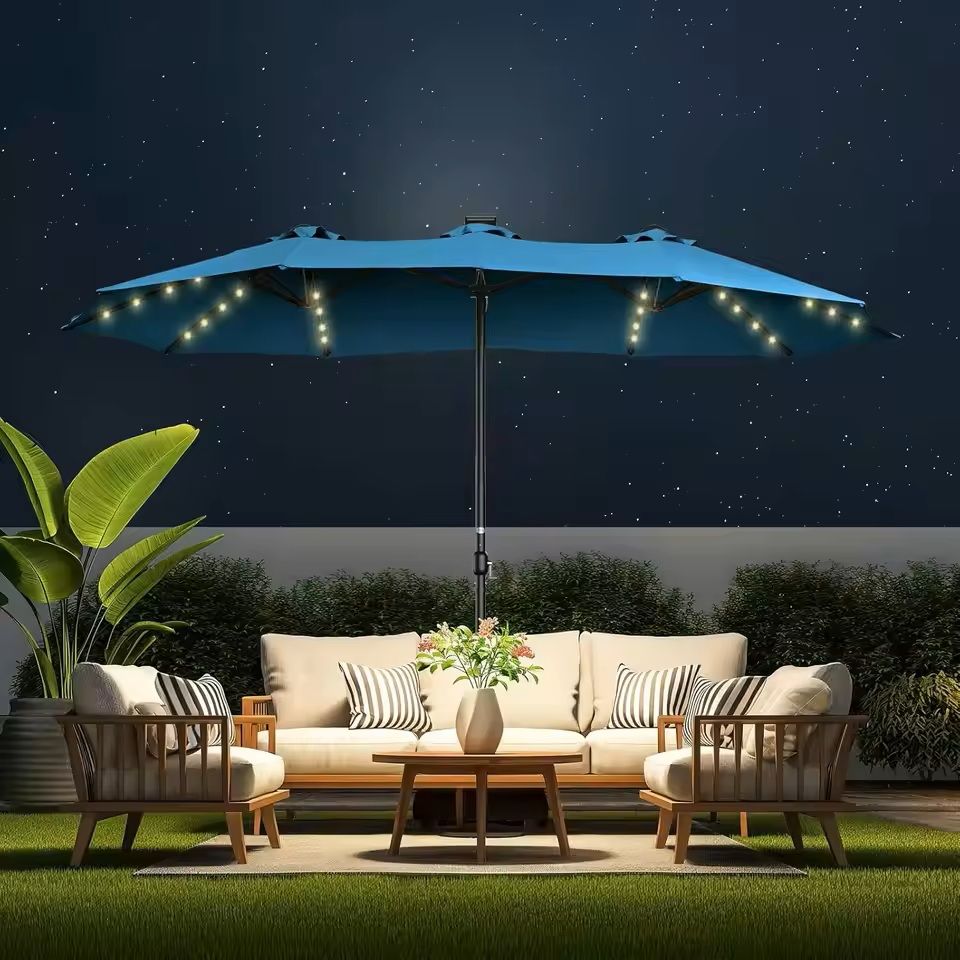 Extra Large Double Sided Patio Umbrella with Solar Lights and Base