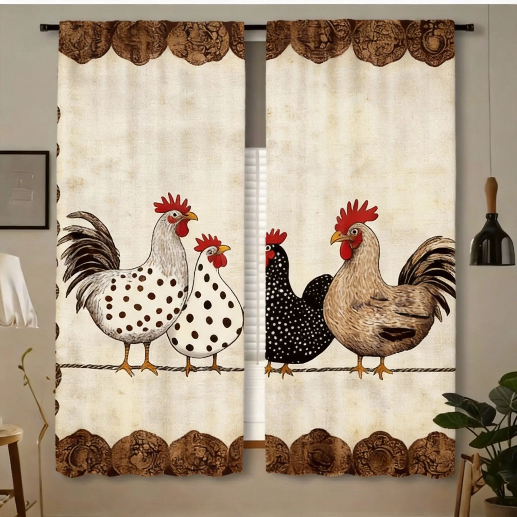 Retro Polka Dot Chicken Cafe Curtains 2pcs – Farmhouse Kitchen Window Drapes Light-Filtering