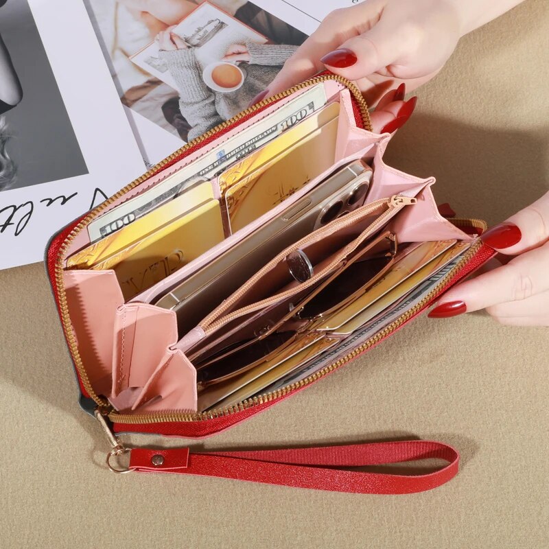 New Long Womens Zipper Wallet Stylish Korean Splicing Color Contrast Tassel & Rivet Detail